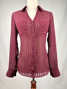 Express Portofino Burgundy Sheer Stripe Button Up Blouse S
